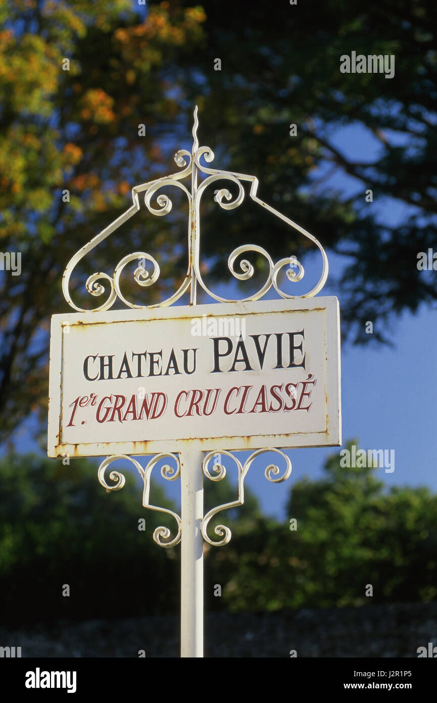 CHATEAU PAVIE metallo ornati segno bordo nella vigna del Château Pavie, St-Émilion, Gironde, Bordeaux in Francia. Foto Stock