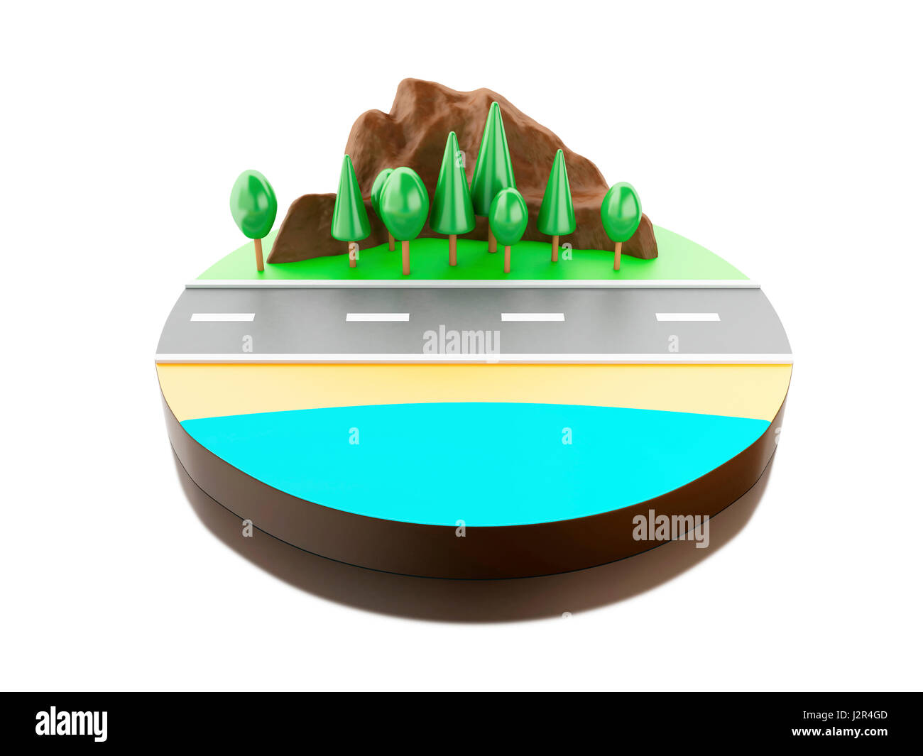 3D'illustrazione. Viaggio con spiaggia e montagna. Concetto di viaggio. Isolato sfondo bianco Foto Stock