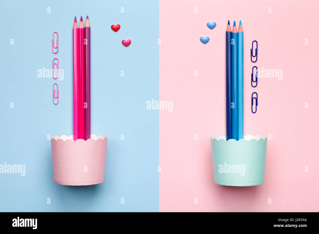 Rosa e matite di colore blu su sfondo color pastello. Stile minimal. Lay piatto. Copia dello spazio. Vista superiore Foto Stock
