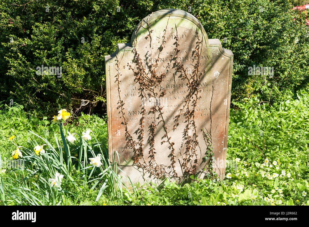 Antica lapide nel sagrato della chiesa di San Giovanni Battista, Aldbury, Hertfordshire, England, Regno Unito Foto Stock