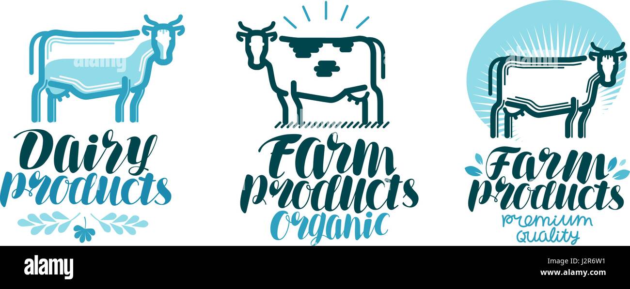 Prodotti lattiero-caseari, set di etichette. Vacca, animali di fattoria, latte, carni bovine icona o logo. Lettering illustrazione vettoriale Illustrazione Vettoriale