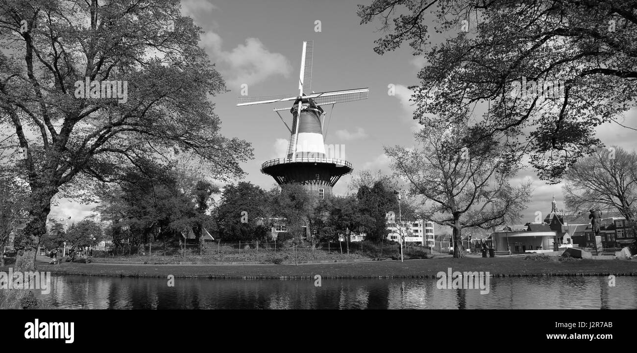 Mulino a vento De Valk Il Falcon con bandiera olandese Leiden Nethelands Foto Stock