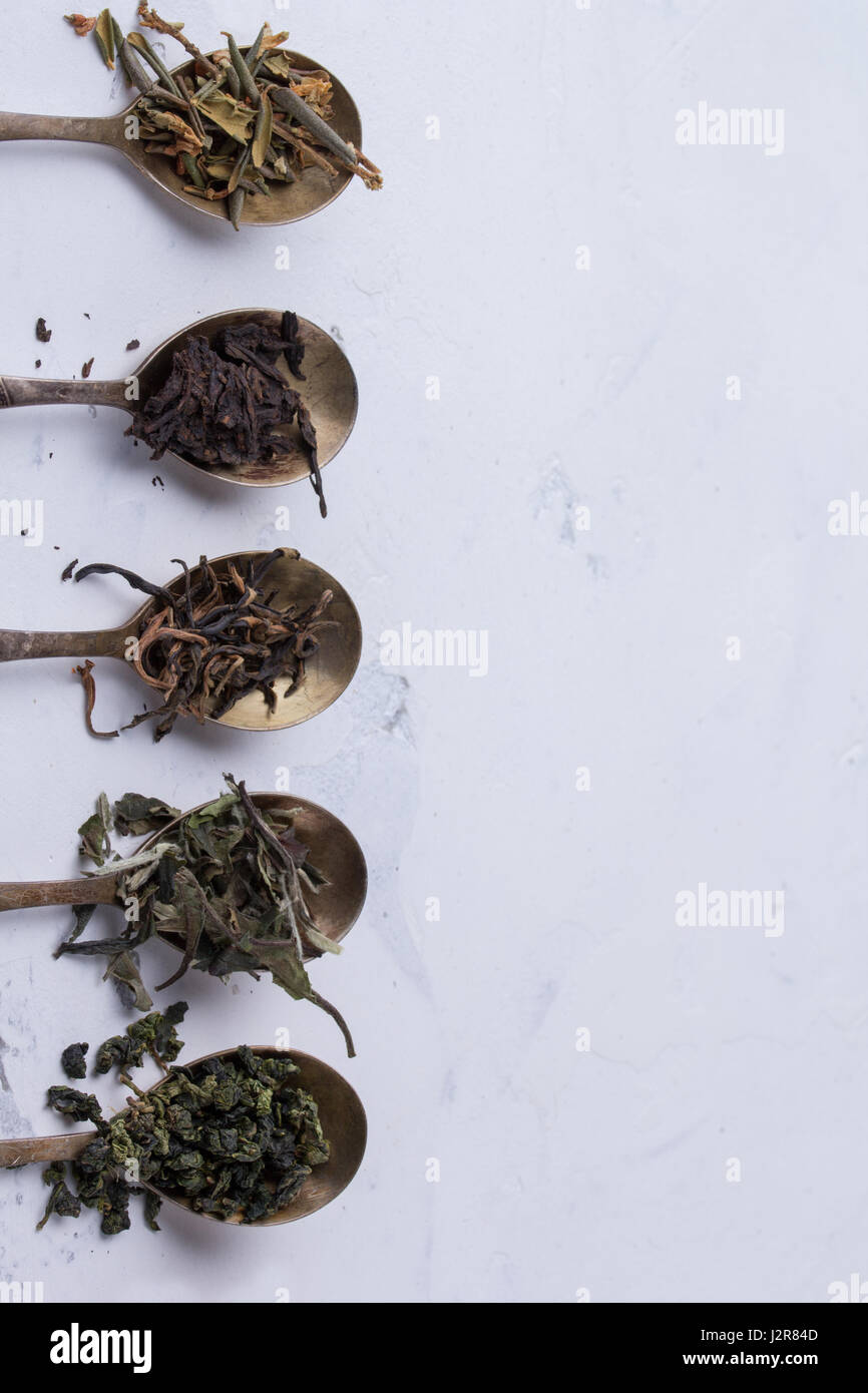 Foglie secche di diversi tipi di tè in cucchiai di antiquariato su uno sfondo bianco. Il tè in un cucchiaio Foto Stock