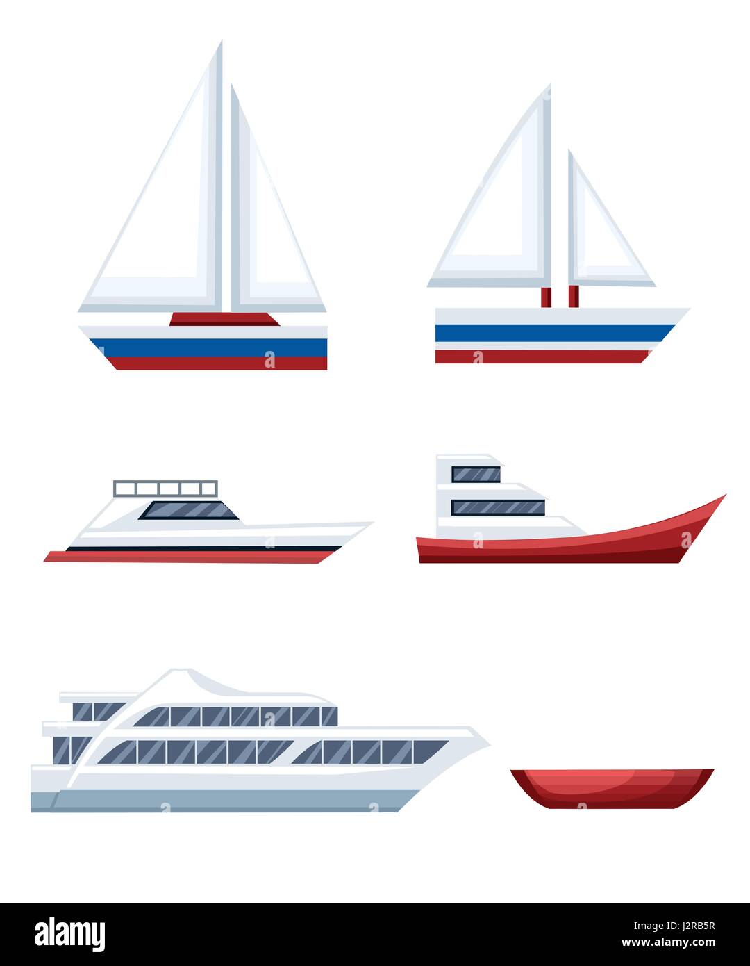 Set di piccole barche e boe con il mare blu di sfondo e isolato su bianco. Vista laterale illustrazione. Illustrazione Vettoriale