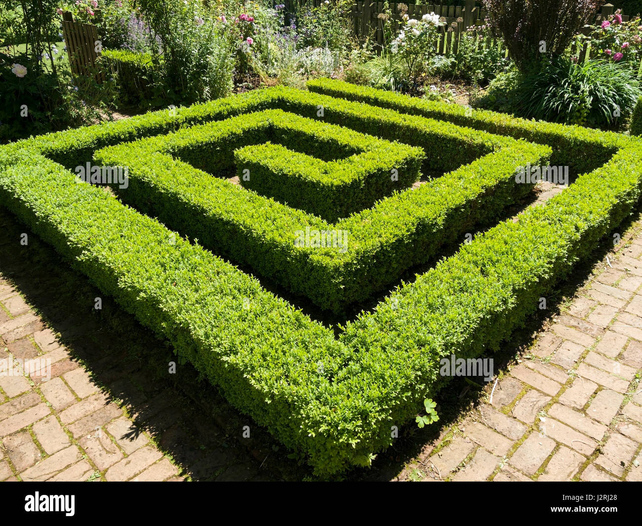 Spirale quadrata della casella yew hedging con blocco lastricatore percorso, Barnsdale Gardens, Oakham, Rutland, Leicestershire, England, Regno Unito Foto Stock