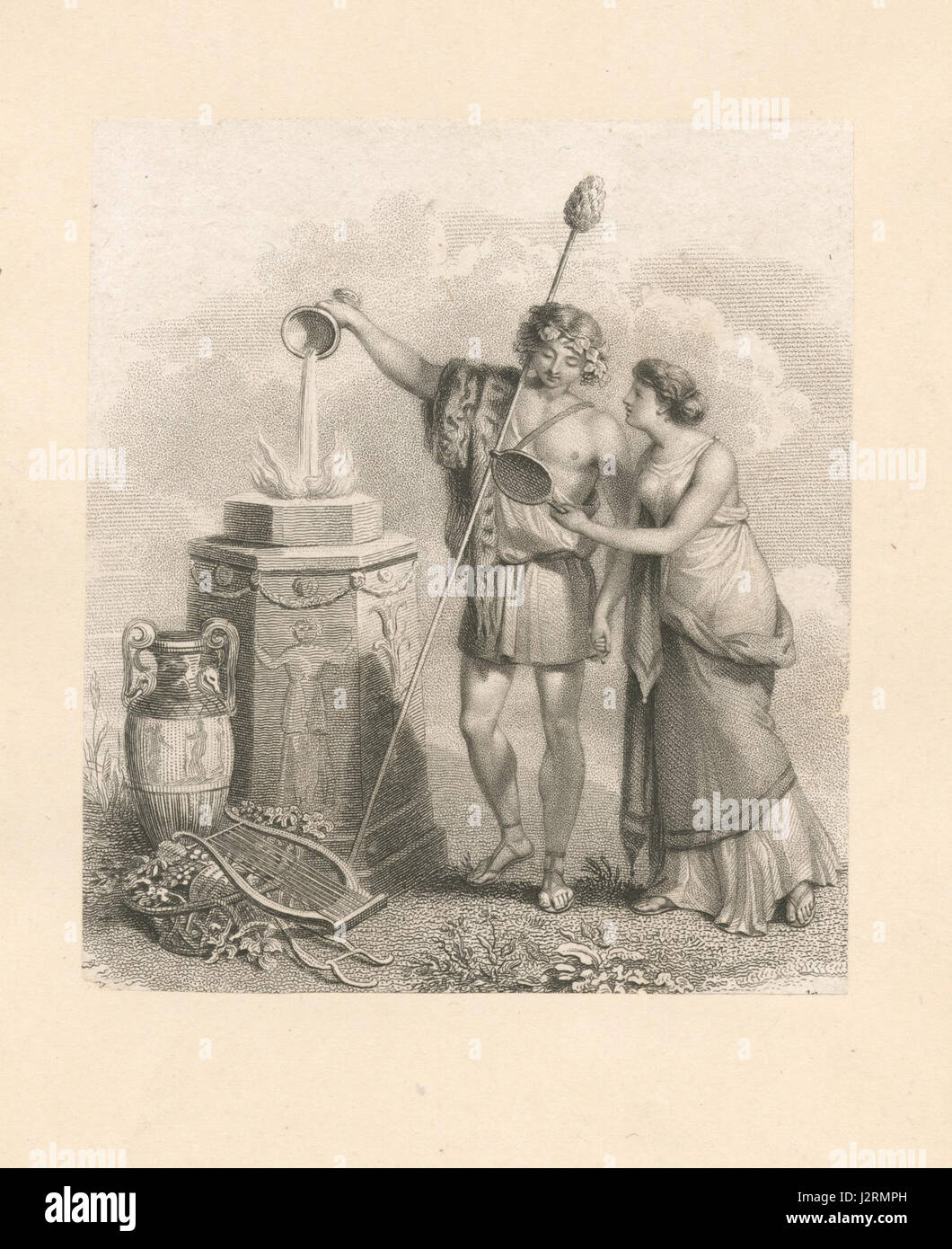 Questa immagine raffigura figure classiche maschili e femminili, potenzialmente impegnate in un'offerta rituale. La scena rappresenta pratiche culturali che erano comuni nelle società antiche, sottolineando la natura simbolica di tali rituali. Foto Stock