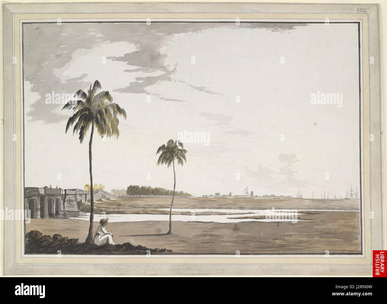 Questo dipinto del 1785 di Elisha Trapaud mostra una vista distante di Fort St. George a Madras (ora Chennai), India. L'opera cattura le caratteristiche architettoniche del forte e i suoi dintorni durante il dominio coloniale britannico in India. Foto Stock