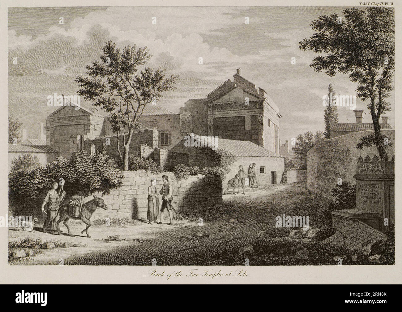 Questa immagine mostra una vista della parte posteriore dei due templi, una struttura architettonica progettata da Stuart James e Revett Nicholas nel 1816. L'illustrazione cattura il design e la disposizione di questo edificio storico. Foto Stock