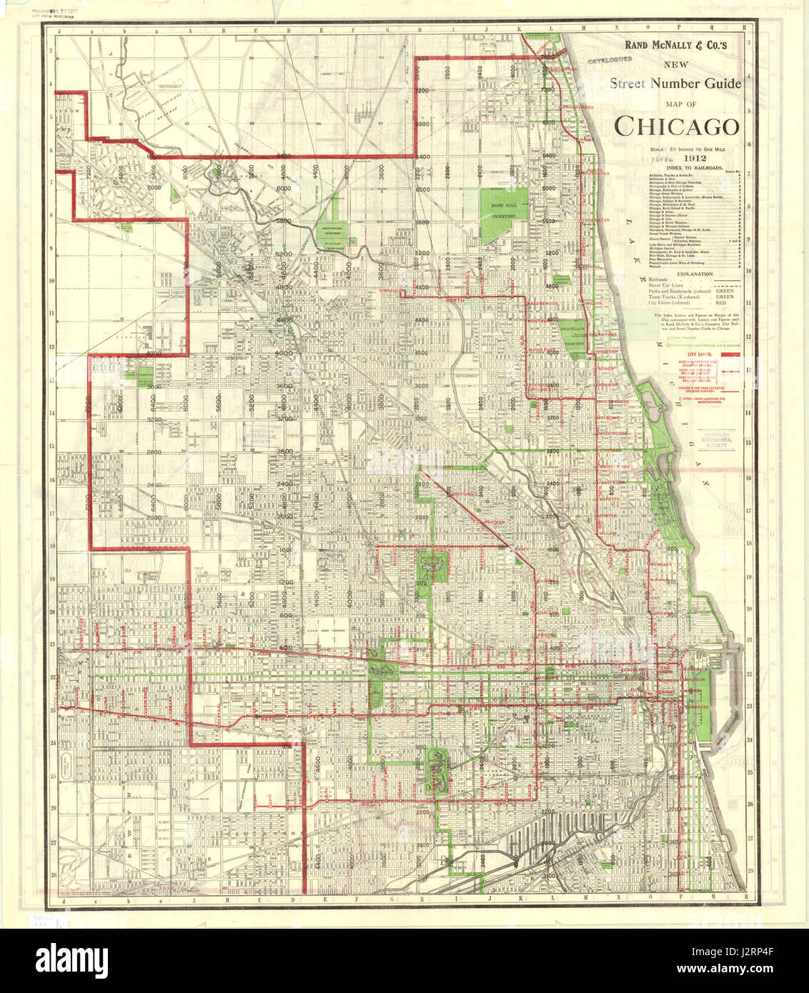 Una mappa del 1912 di Chicago, creata da Rand McNally, si concentrava sulla parte settentrionale della città, mostrando strade, quartieri e punti di riferimento principali. Foto Stock