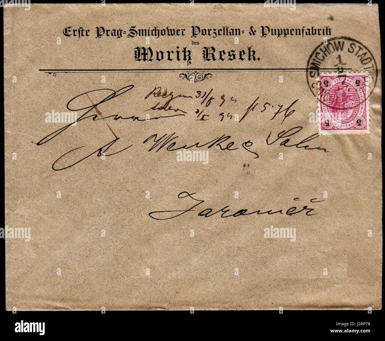 Una busta del 1894 della Erste Prag-Smichower Porzellan- und Puppenfabrik Moritz Resek, una fabbrica di porcellane e bambole del XIX secolo a Praga, fondata da Moritz Resek nel 1889. Foto Stock