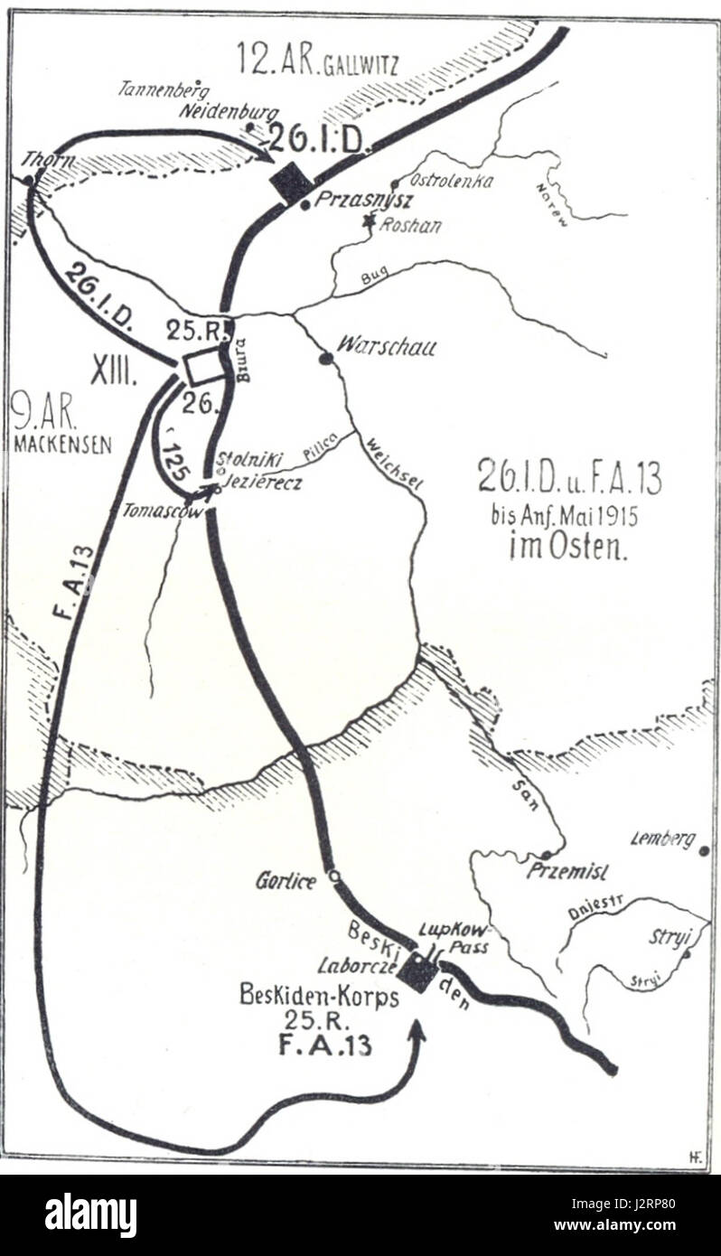 «26. I.D. im Osten mai 1915' si riferisce a un documento o a un rapporto militare storico sulla 26th Infantry Division sul fronte orientale durante la prima guerra mondiale, che descrive le operazioni nel maggio 1915. Foto Stock