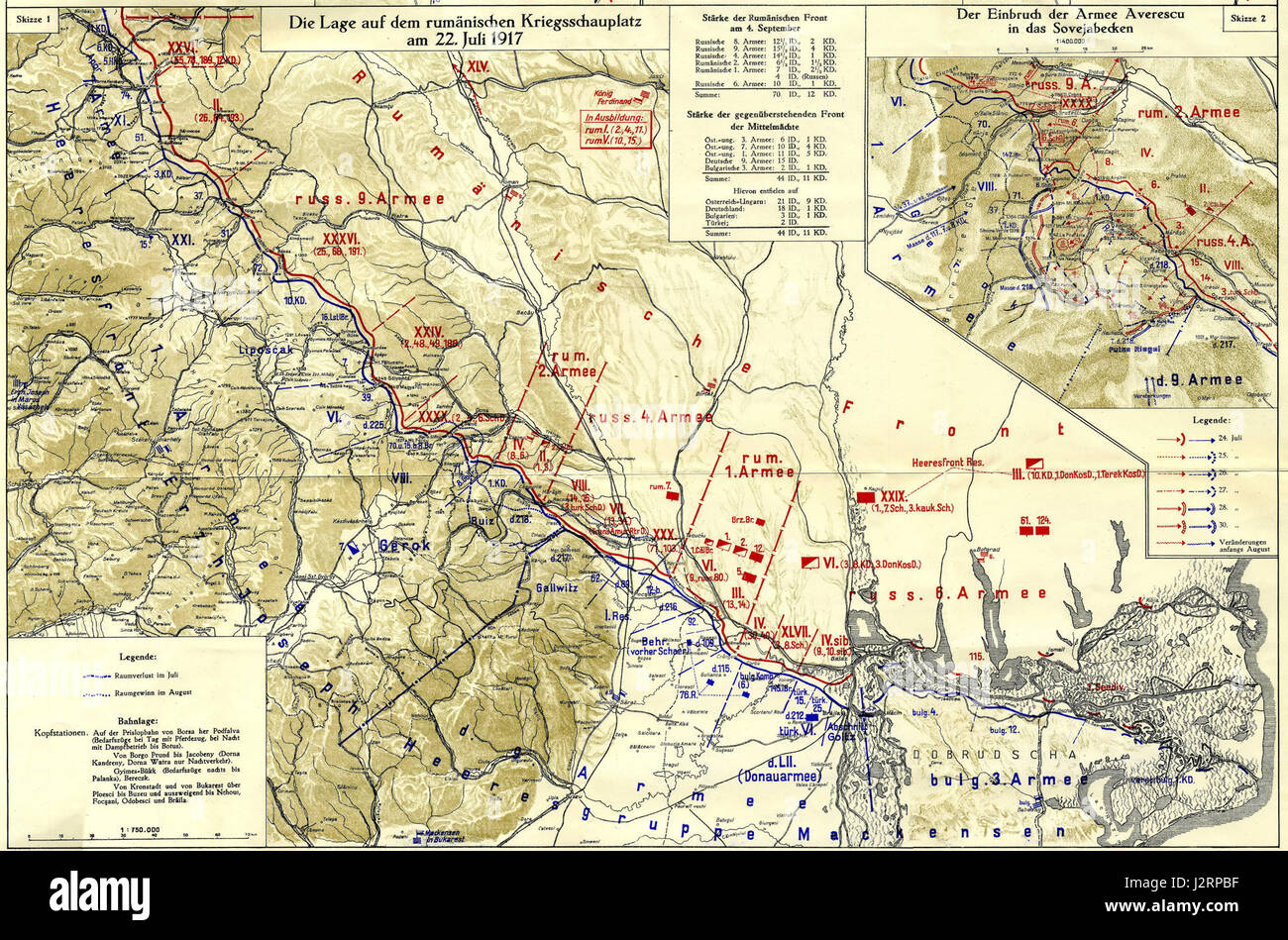 Questo documento storico discute la situazione sul fronte rumeno durante la prima guerra mondiale, in particolare il 22 luglio 1917, descrivendo dettagliatamente le strategie e gli impegni militari. Foto Stock