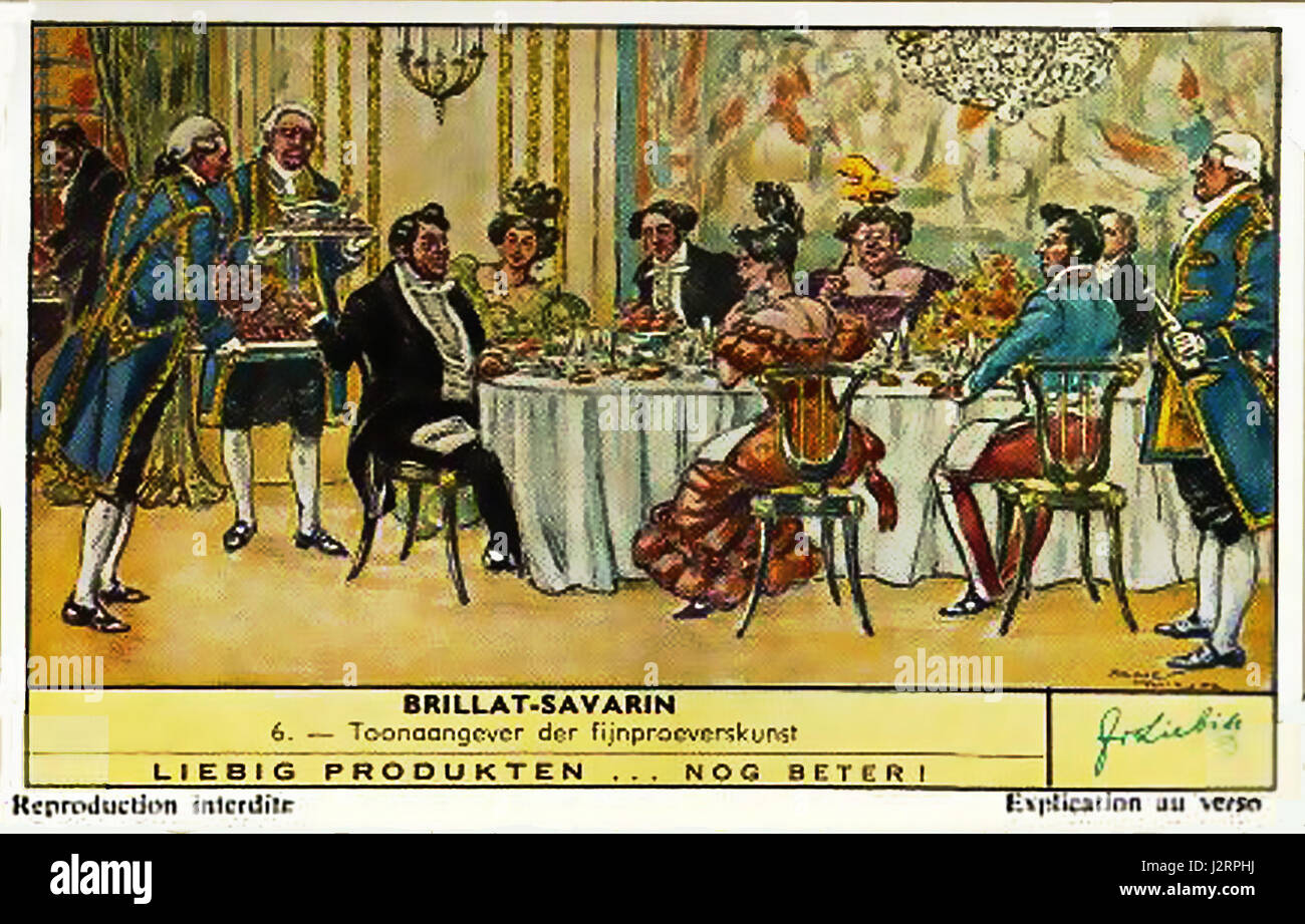 L'immagine raffigura Brillat-Savarin, un rinomato avvocato e gastronomo francese, che si rivolge a un gruppo di appassionati di cucina, sottolineando la sua influenza sulla cucina e la gastronomia francese. Foto Stock