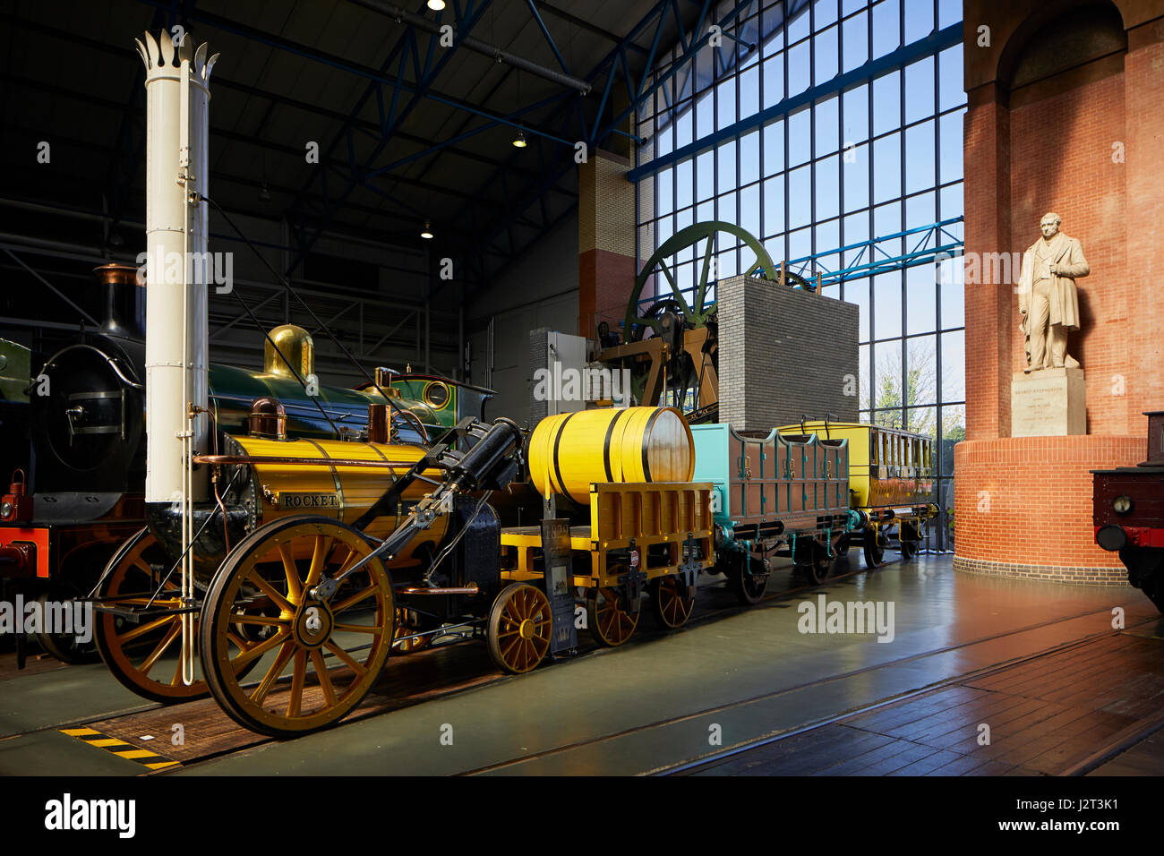 Replica funzionante del razzo come progettato Robert Stephenson, costruito 1979 per commemorare il centocinquantesimo anniversario, Rainhill Trials a York National Railway Museum Foto Stock