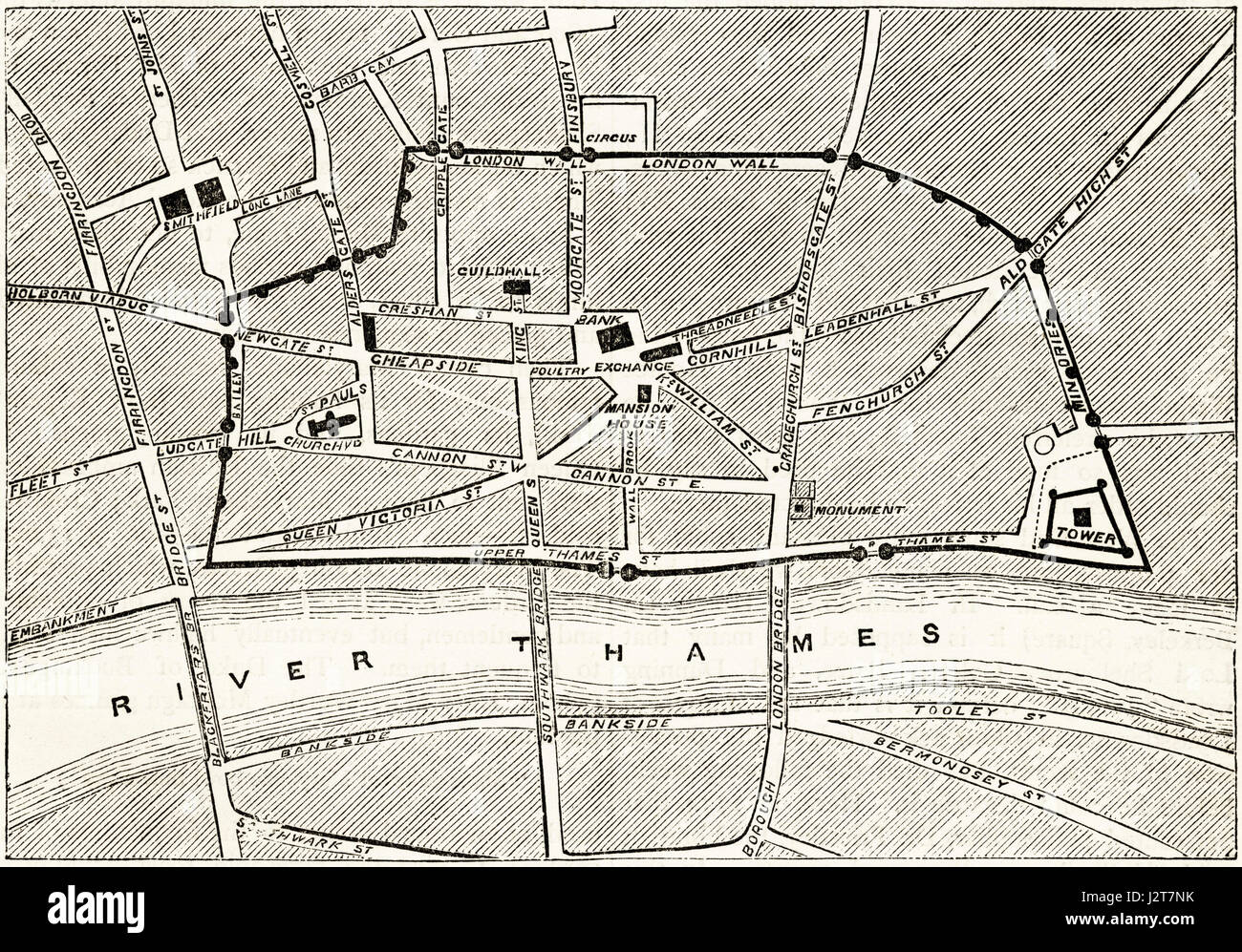 Mappa di Londra nel periodo Vittoriano che mostra le antiche mura. Incisione vittoriano circa 1880. Foto Stock