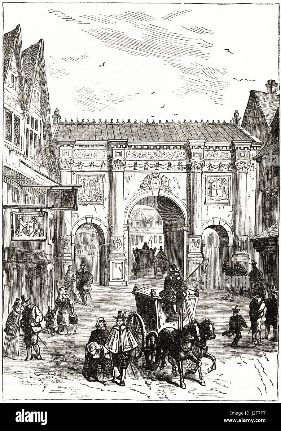 Il vecchio tempio di legno Bar gateway eretta nel regno di Re Giacomo I nel XVII secolo. Incisione vittoriano circa 1880. Foto Stock