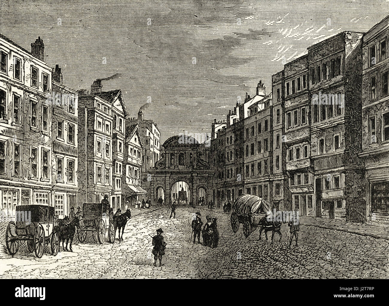 Vista della facciata ovest di Temple Bar Gateway, Londra in 1710. Incisione vittoriano circa 1880. Foto Stock