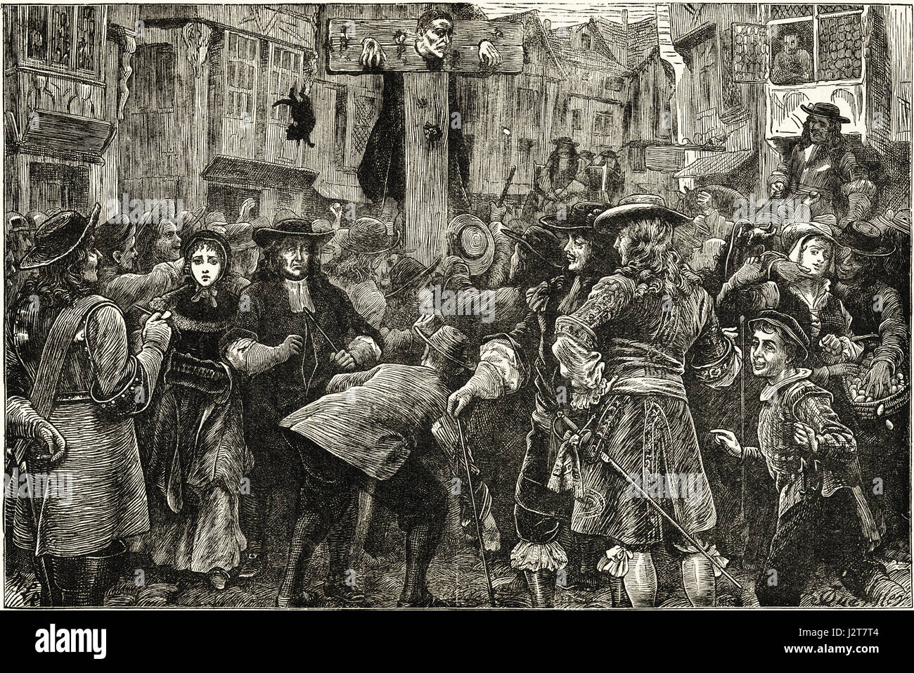 Tito Oates conciati con rottem uova in stock per spergiuro al Temple Bar Gateway, Londra nel XVII secolo. Incisione vittoriano circa 1880. Foto Stock