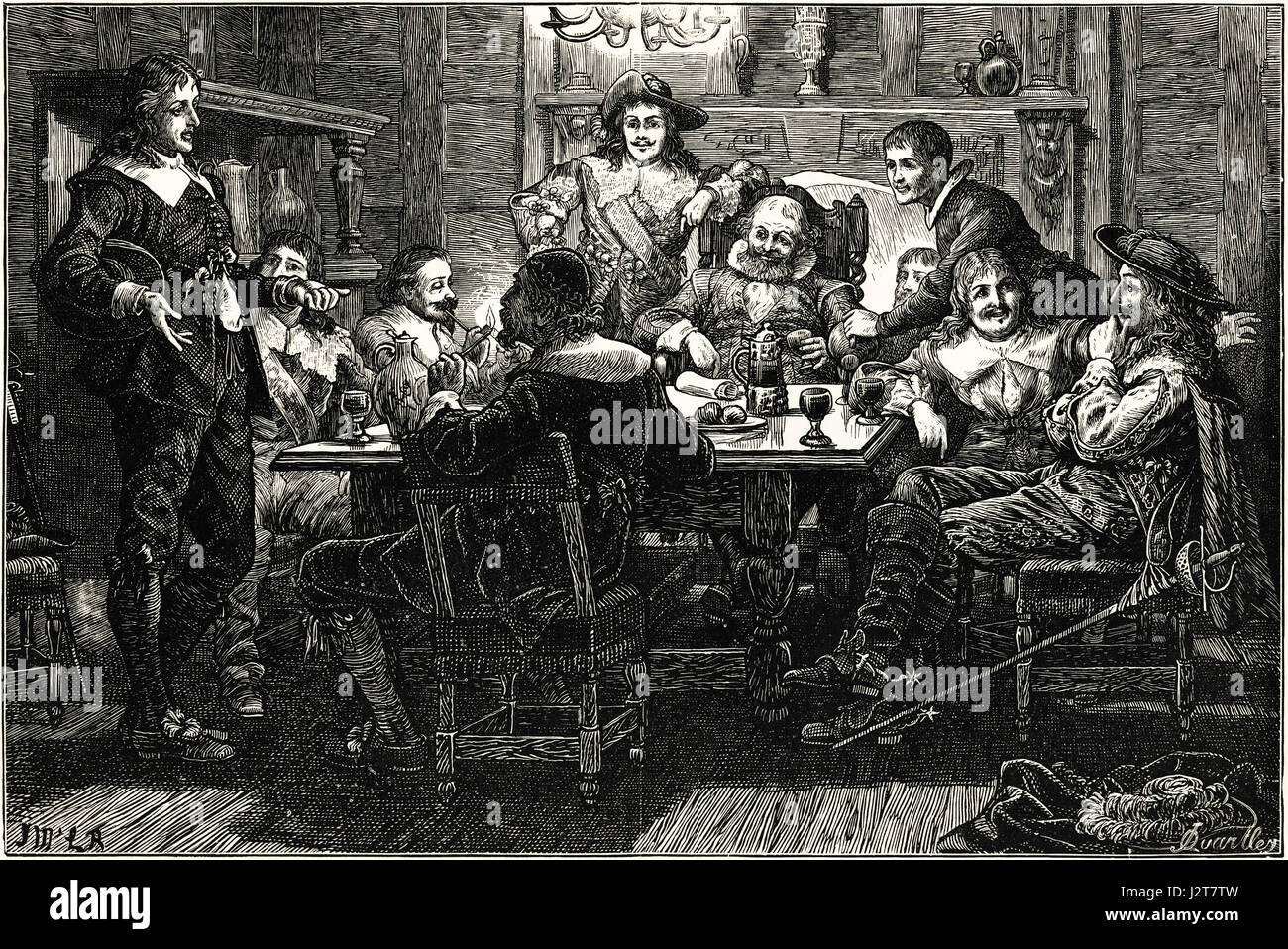 Ben Jonson & amici riunione poeta Thomas Randolph al diavolo taverna vicino al Temple Bar London Gateway nel XVII secolo. Incisione vittoriano circa 1880. Foto Stock