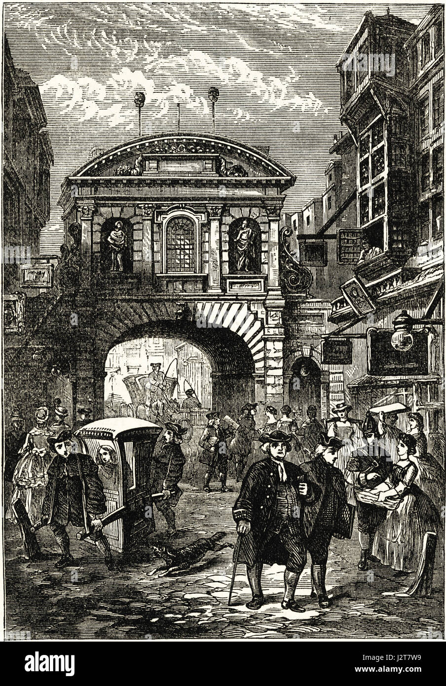 Temple Bar Gateway, Londra al momento del Dottor Samuel Johnson nel XVIII secolo. Incisione vittoriano circa 1880. Foto Stock