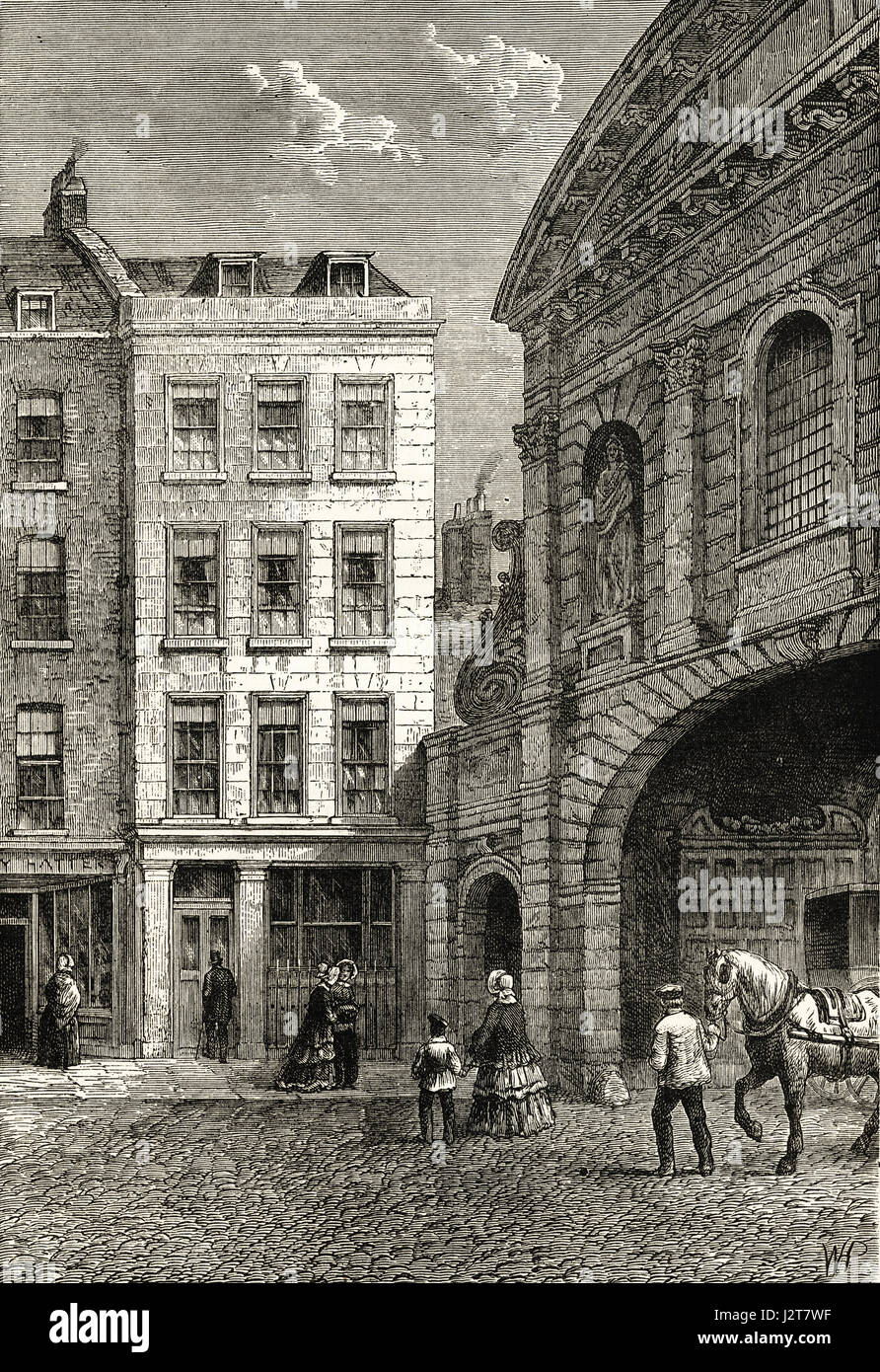 Bambino, Banking-House Fleet Street vicino al Temple Bar Gateway, Londra nel 1855. Incisione vittoriano circa 1880. Foto Stock