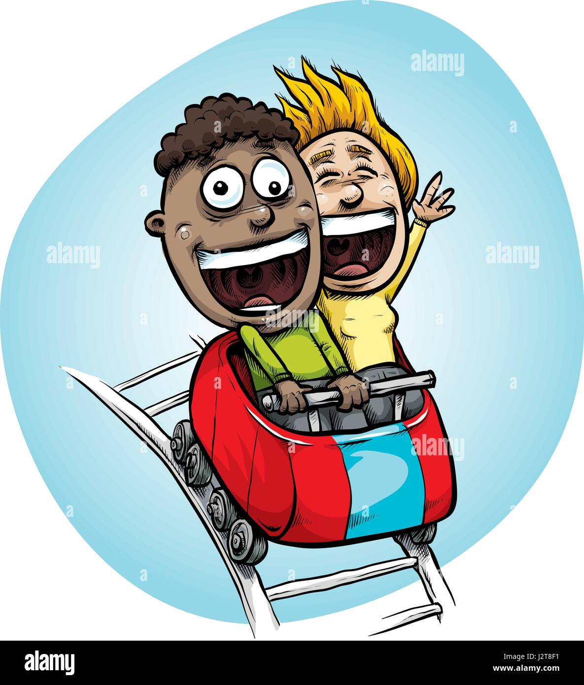 Un cartoon ragazzo adolescente e una ragazza in sella a un veloce movimento roller coaster auto con grande e felice, sorride. Illustrazione Vettoriale