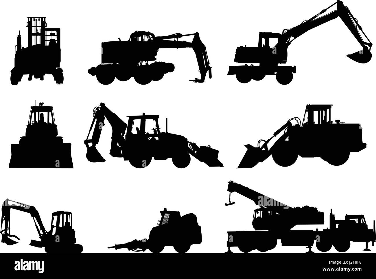 Illustrazione silhouette di una varietà di pesanti costruzione macchine del veicolo con badili e di una gru. Illustrazione Vettoriale
