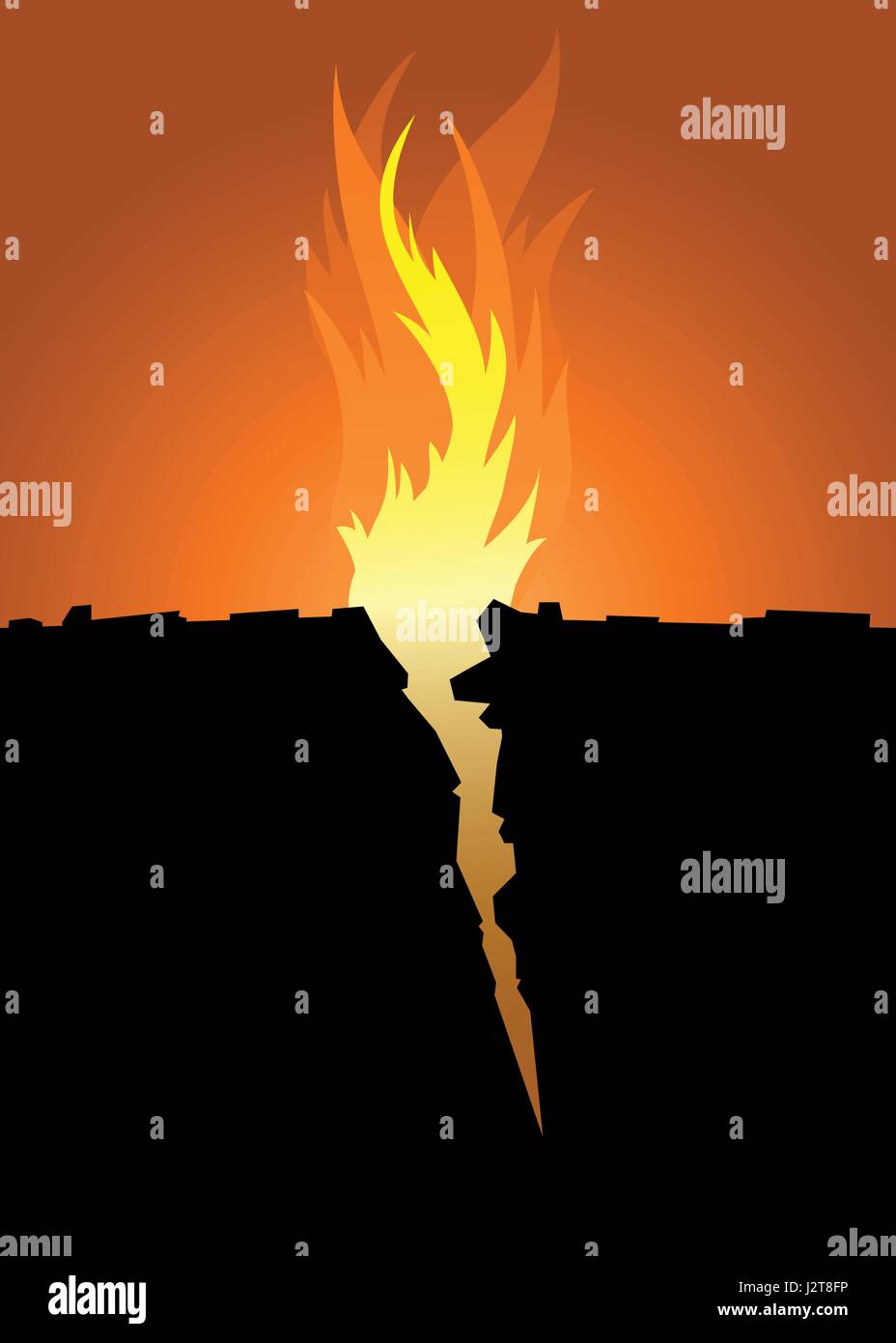 Fiamme emergono da un brusco bocchetta a lancia nel terreno. Illustrazione Vettoriale