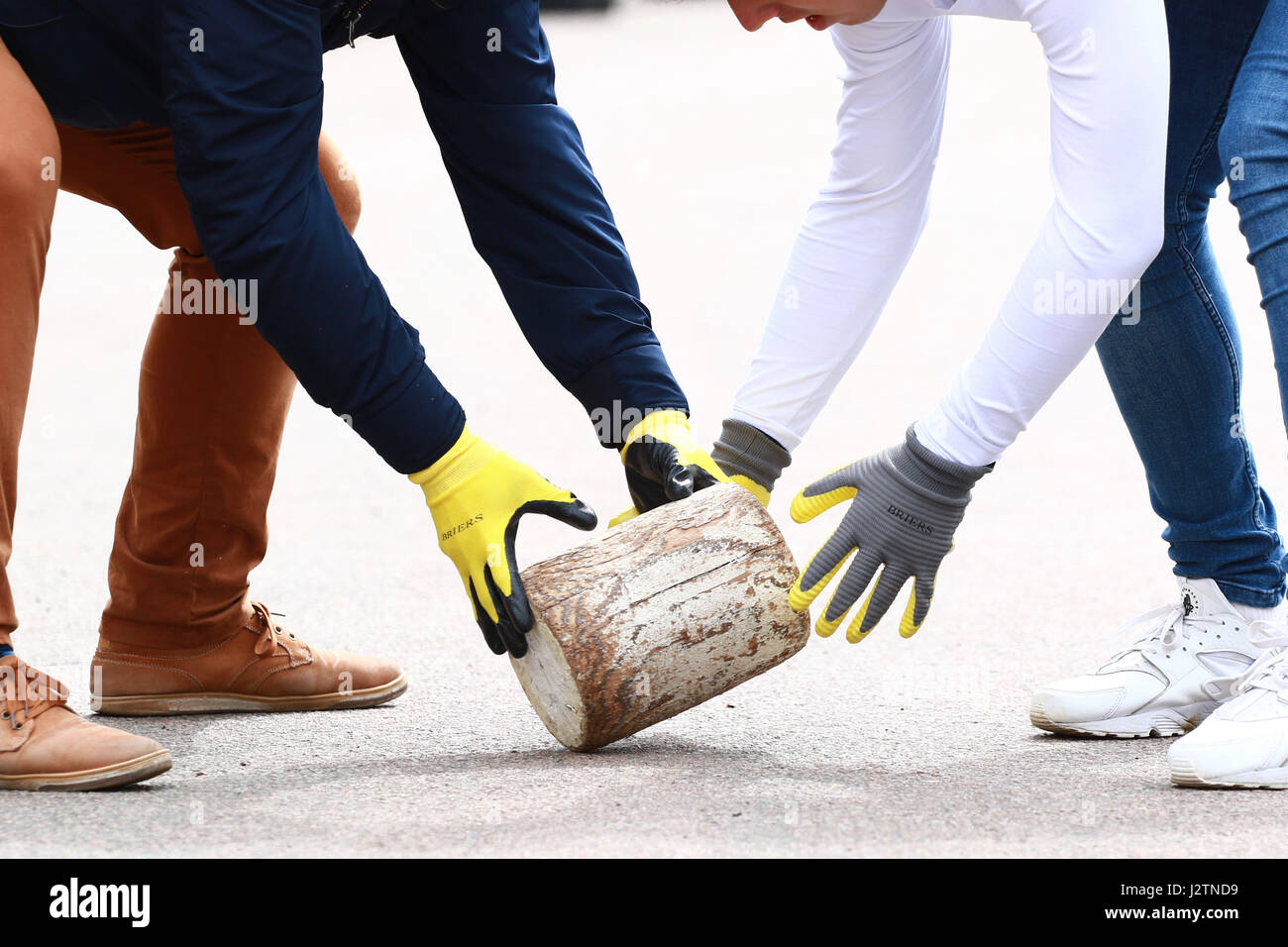 Stilton, Cambridgeshire, Regno Unito. 01 Maggio, 2017. Il 'formaggio' laminato. Le vacanze di Maggio e formaggio in rotolamento Stilton, Cambridgeshire. Il formaggio a concorrenza di laminazione è un giorno di maggio lunedì festivo tradizione e rullo di concorrenti dei blocchi di legno lungo la strada principale al posto del formaggio Stilton che ha preso il suo nome dal villaggio. Formaggio la laminazione . Stilton, Cambridgeshire, Regno Unito . 01.05.2017 Credito: Paolo Marriott/Alamy Live News Foto Stock