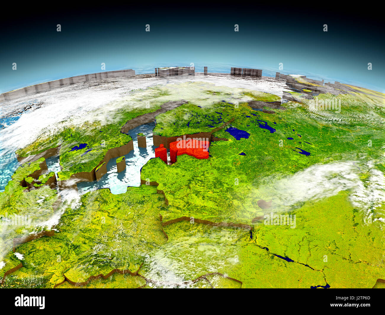Estonia in rosso sul modello del pianeta Terra come visto da di orbita. 3D illustrazione con dettagliate pianeta superficie. Gli elementi di questa immagine fornita dalla NASA. Foto Stock
