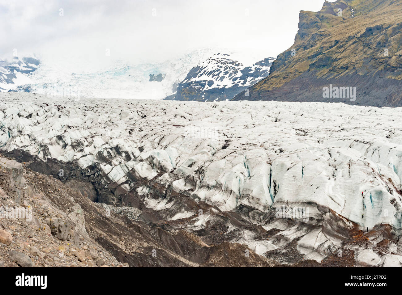 Lontani gli escursionisti scalata di un ghiacciaio, tappo di ghiaccio, Svinafellsjokull, uscita ghiacciaio del ghiacciaio Vatnajokull, Islanda. Foto Stock