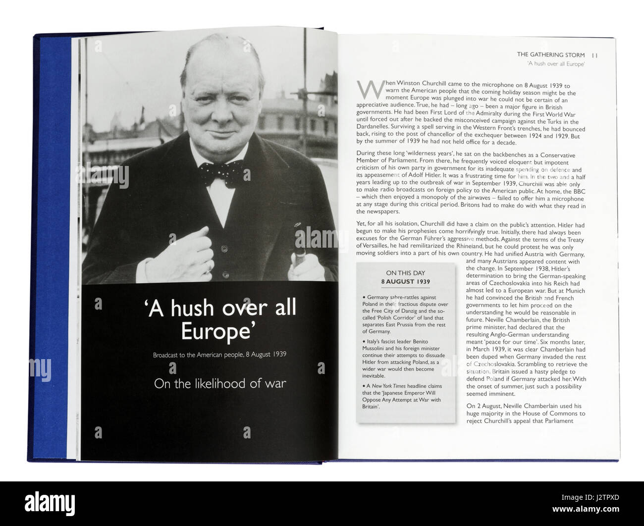 Un silenzio di tutta Europa - Discorso agli americani sulla probabilità di guerra : Pagina nel libro illustrato di Winston Churchill i famosi discorsi di guerra Foto Stock