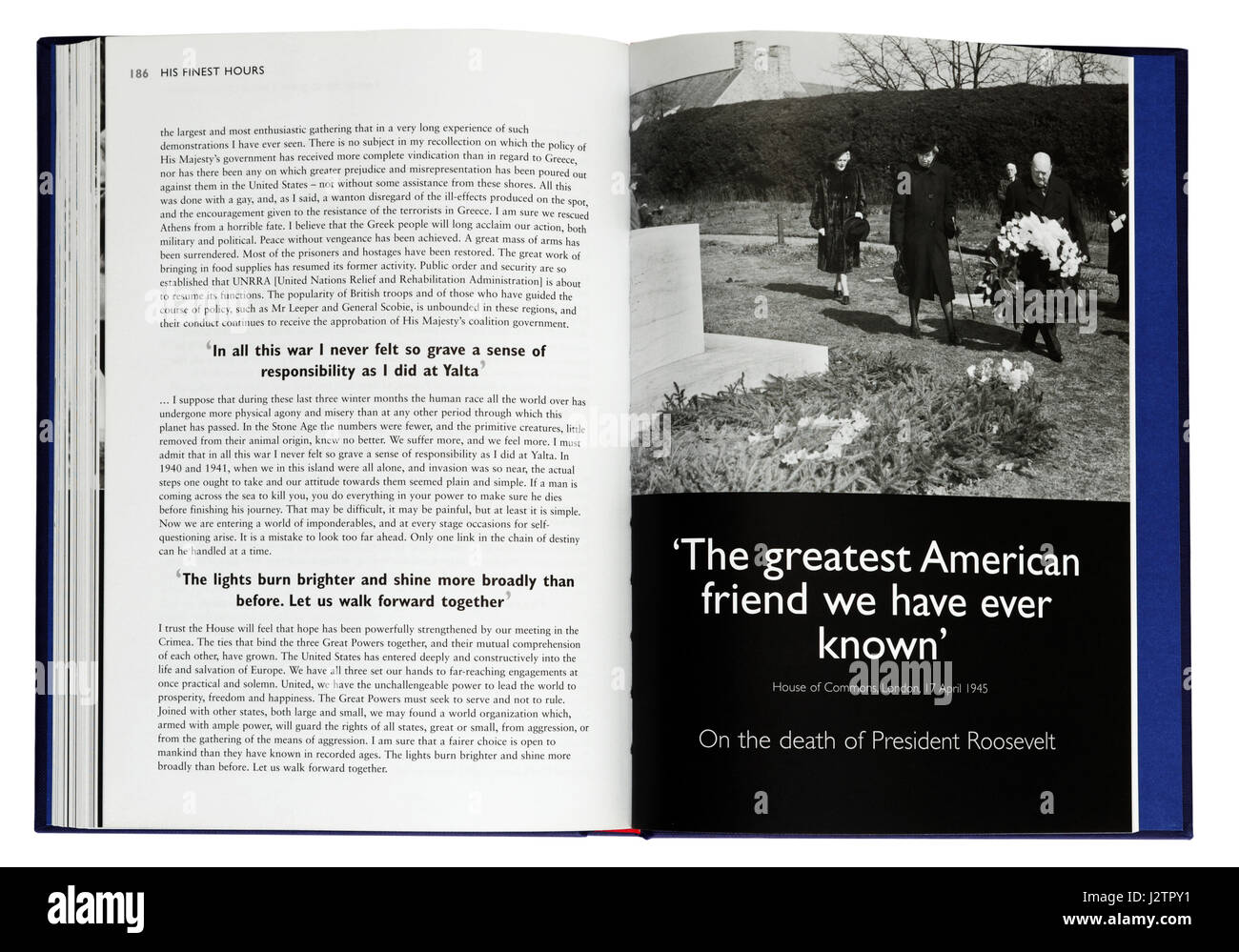 Il più grande amico americano che abbiamo mai conosciuto: una pagina di un libro illustrato di Winston Churchill i famosi discorsi di guerra Foto Stock