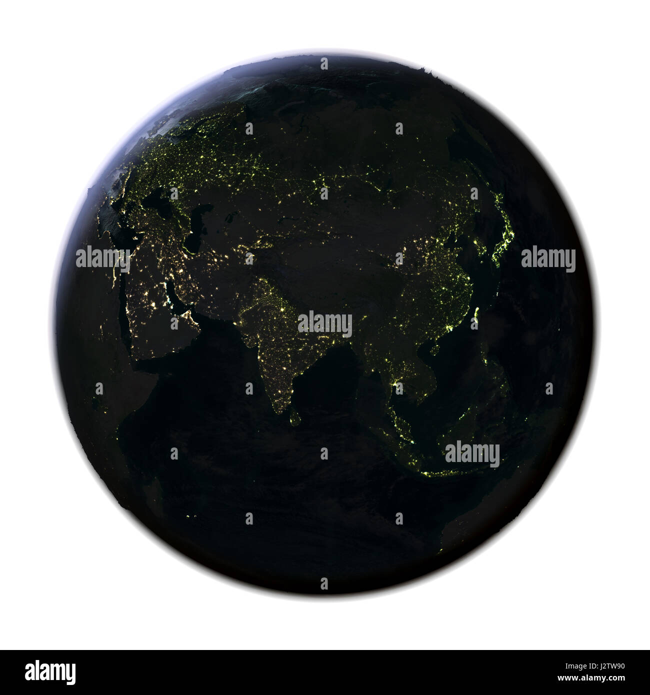 Asia di notte sul pianeta Terra con visibili luci della citta'. 3D illustrazione isolati su sfondo bianco. Gli elementi di questa immagine fornita dalla NASA. Foto Stock