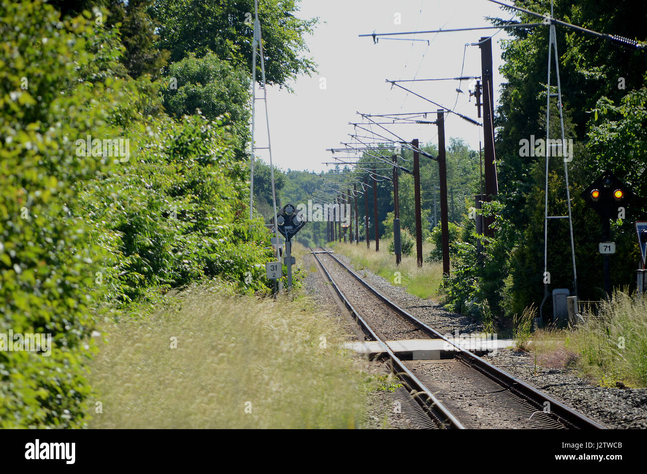 Vuota la linea ferroviaria con fili di overhead. Foto Stock