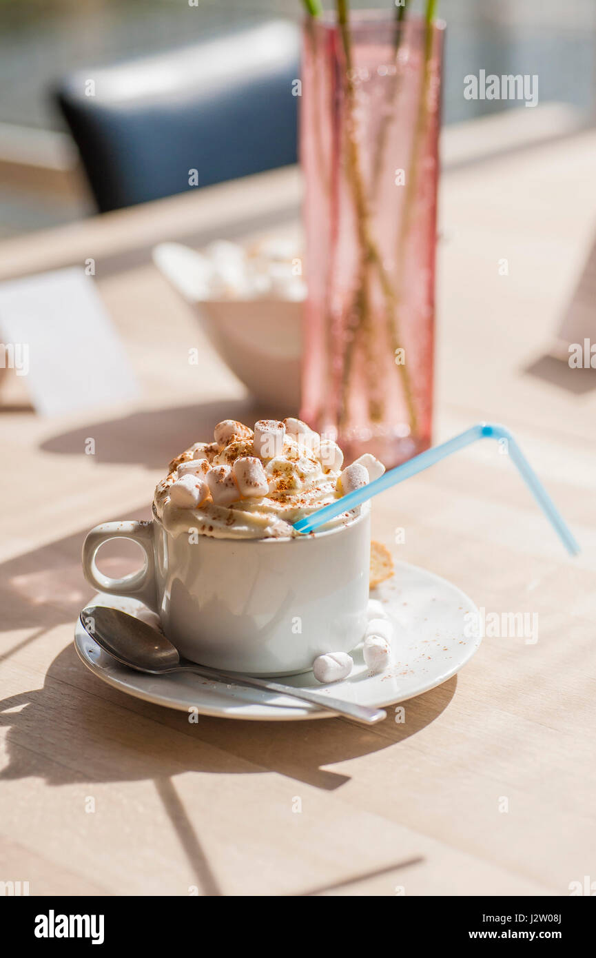 Cioccolata calda con Marshmallows e crema rinfrescante drink indulgenza trattare la bevanda lussuoso Foto Stock