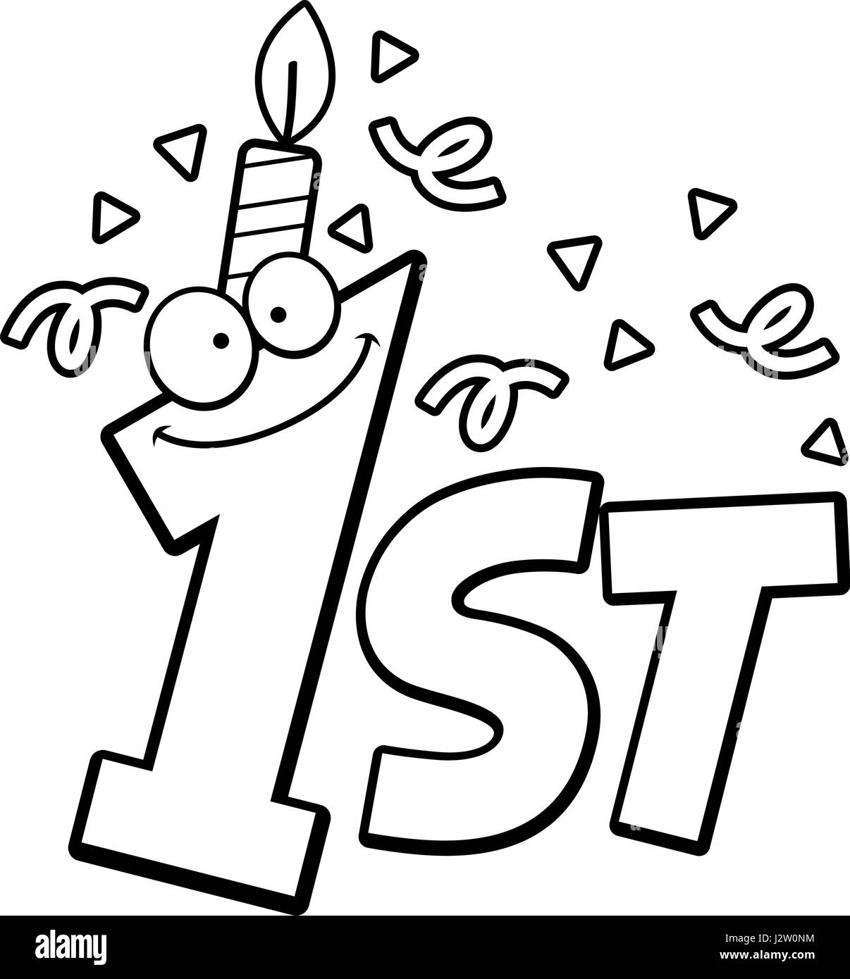 Un cartoon illustrazione del testo 1 con una candela di compleanno e coriandoli. Illustrazione Vettoriale