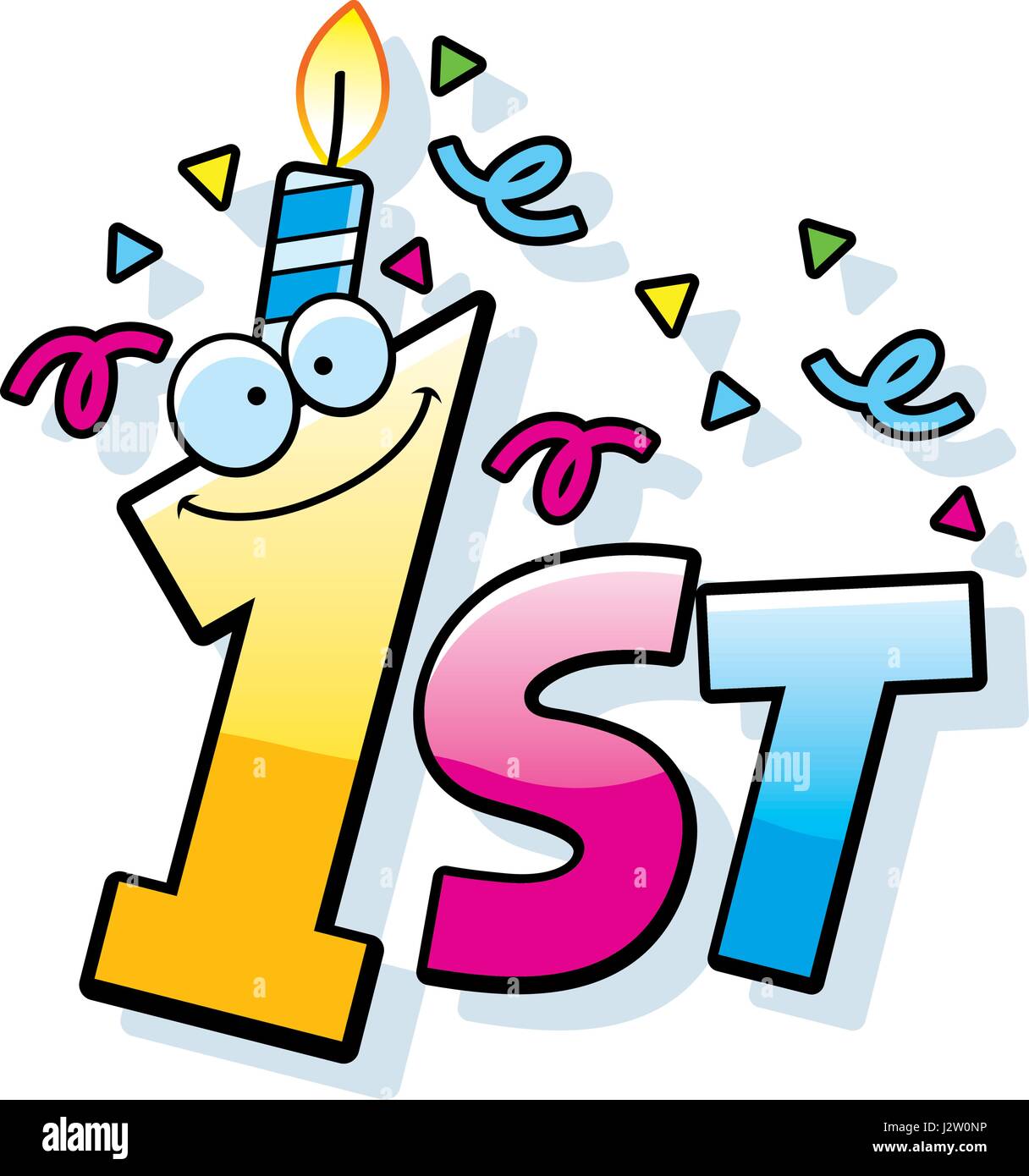 Un cartoon illustrazione del testo 1 con una candela di compleanno e coriandoli. Illustrazione Vettoriale