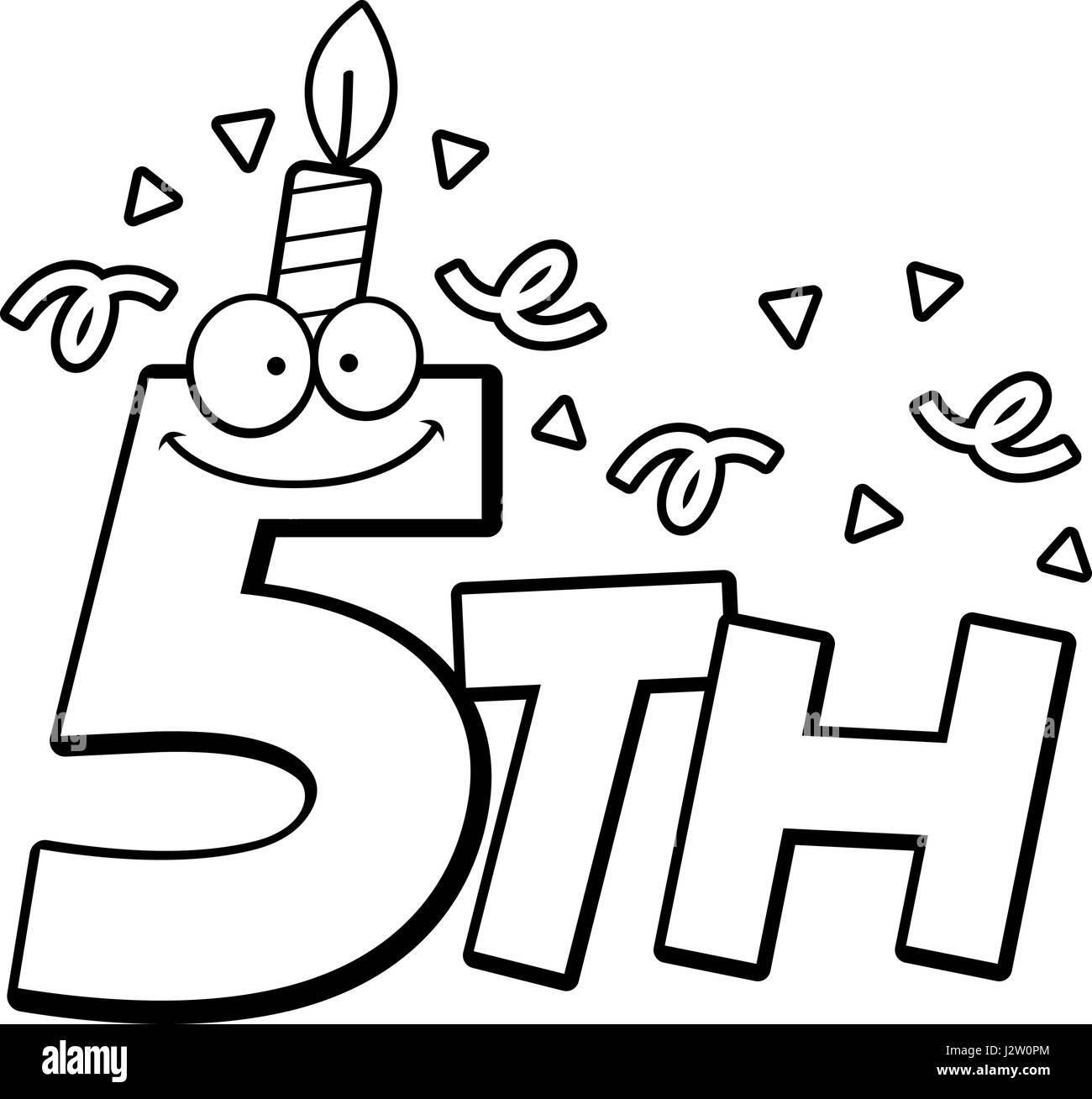 Un cartoon illustrazione del testo 5 con una candela di compleanno e coriandoli. Illustrazione Vettoriale