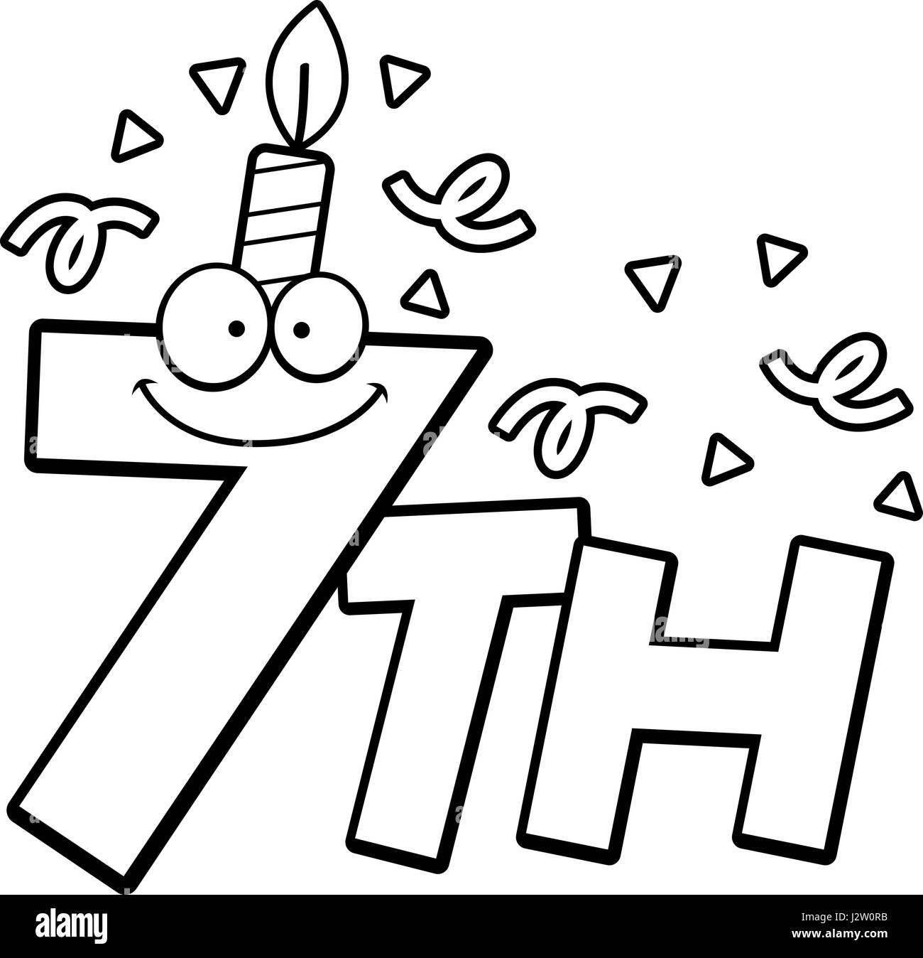 Un cartoon illustrazione del testo 7 con una candela di compleanno e coriandoli. Illustrazione Vettoriale