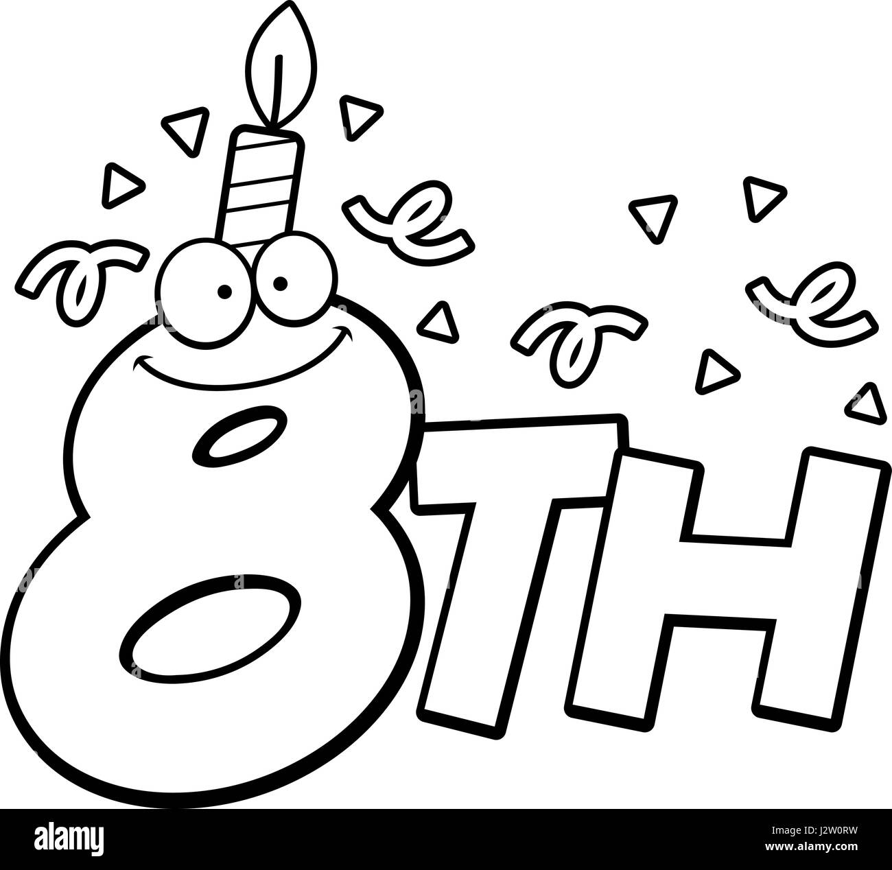 Un cartoon illustrazione del testo 8 con una candela di compleanno e coriandoli. Illustrazione Vettoriale