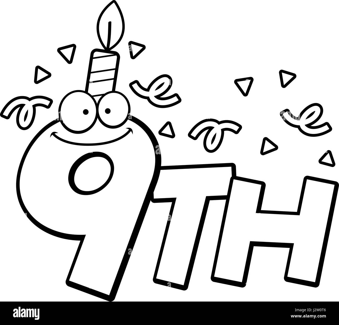 Un cartoon illustrazione del testo 9 con una candela di compleanno e coriandoli. Illustrazione Vettoriale