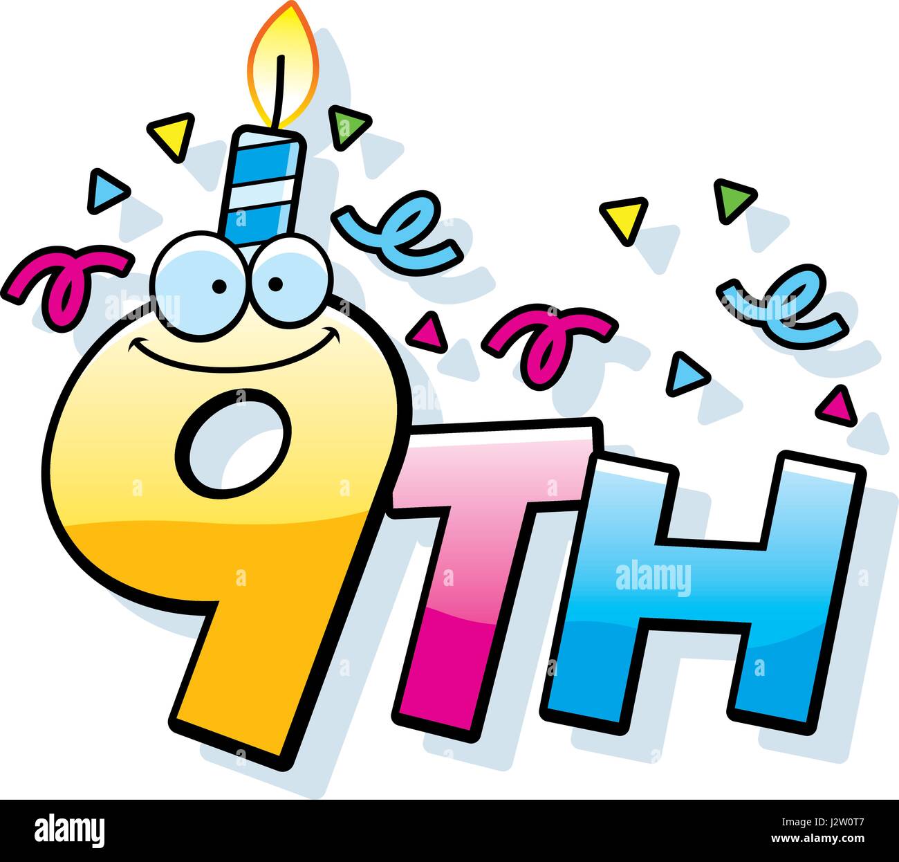 Un cartoon illustrazione del testo 9 con una candela di compleanno e coriandoli. Illustrazione Vettoriale