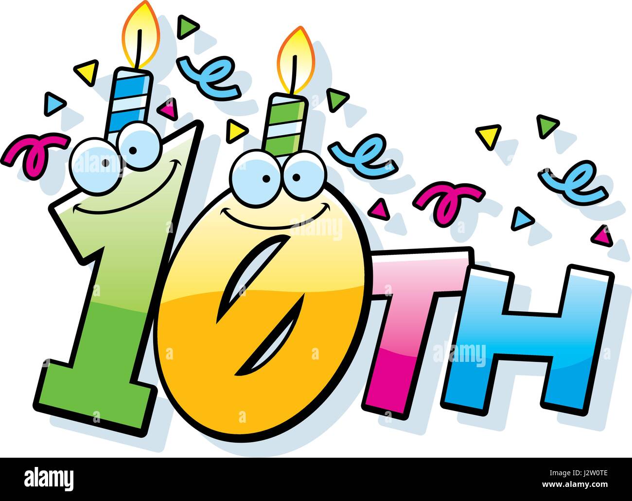 Un cartoon illustrazione del testo decimo con una candela di compleanno e coriandoli. Illustrazione Vettoriale