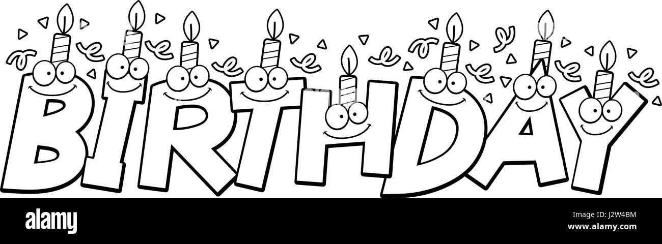 Un cartoon illustrazione del testo compleanno con candeline di compleanno e coriandoli. Illustrazione Vettoriale