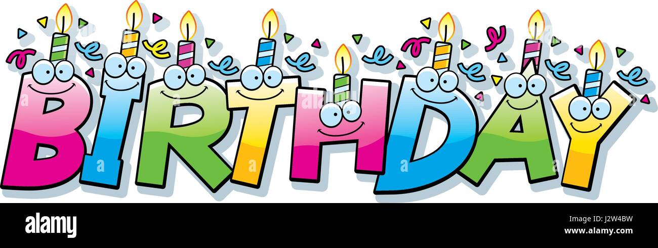 Un cartoon illustrazione del testo compleanno con candeline di compleanno e coriandoli. Illustrazione Vettoriale