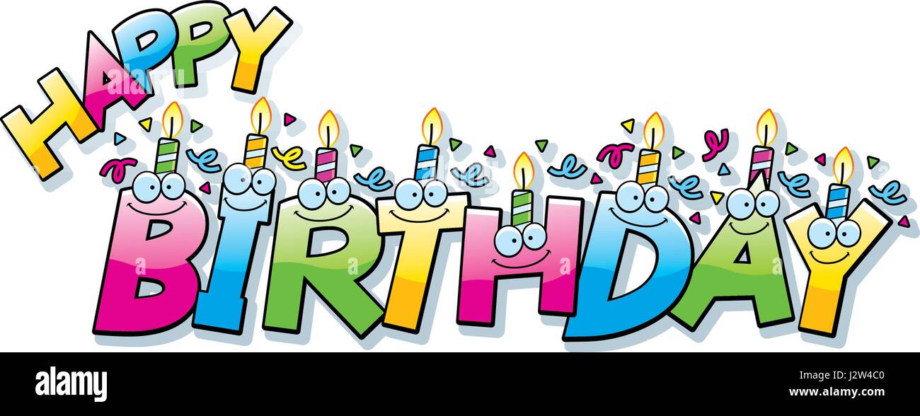 Un cartoon illustrazione del testo buon compleanno con candeline di compleanno e coriandoli. Illustrazione Vettoriale