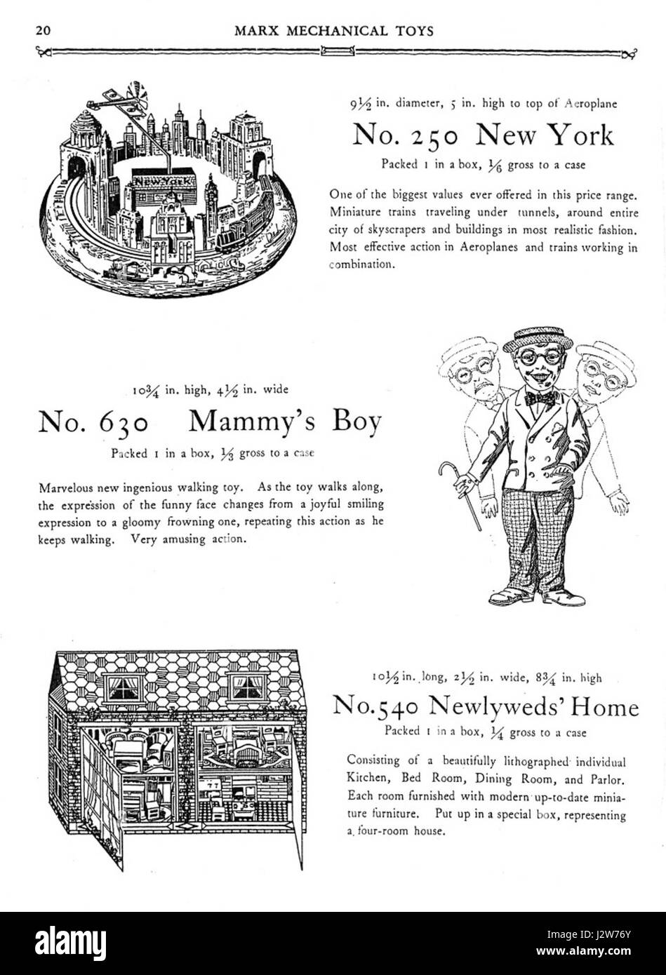 Il Marx Mechanical Toys Catalog 1930 (pagina 20) presenta una selezione di giocattoli prodotti dalla Marx Toy Company. Questi giocattoli rappresentano un'era chiave nella storia dei giochi meccanici, mostrando le prime innovazioni e l'ingegneria dei giocattoli dei primi anni del XX secolo. Foto Stock