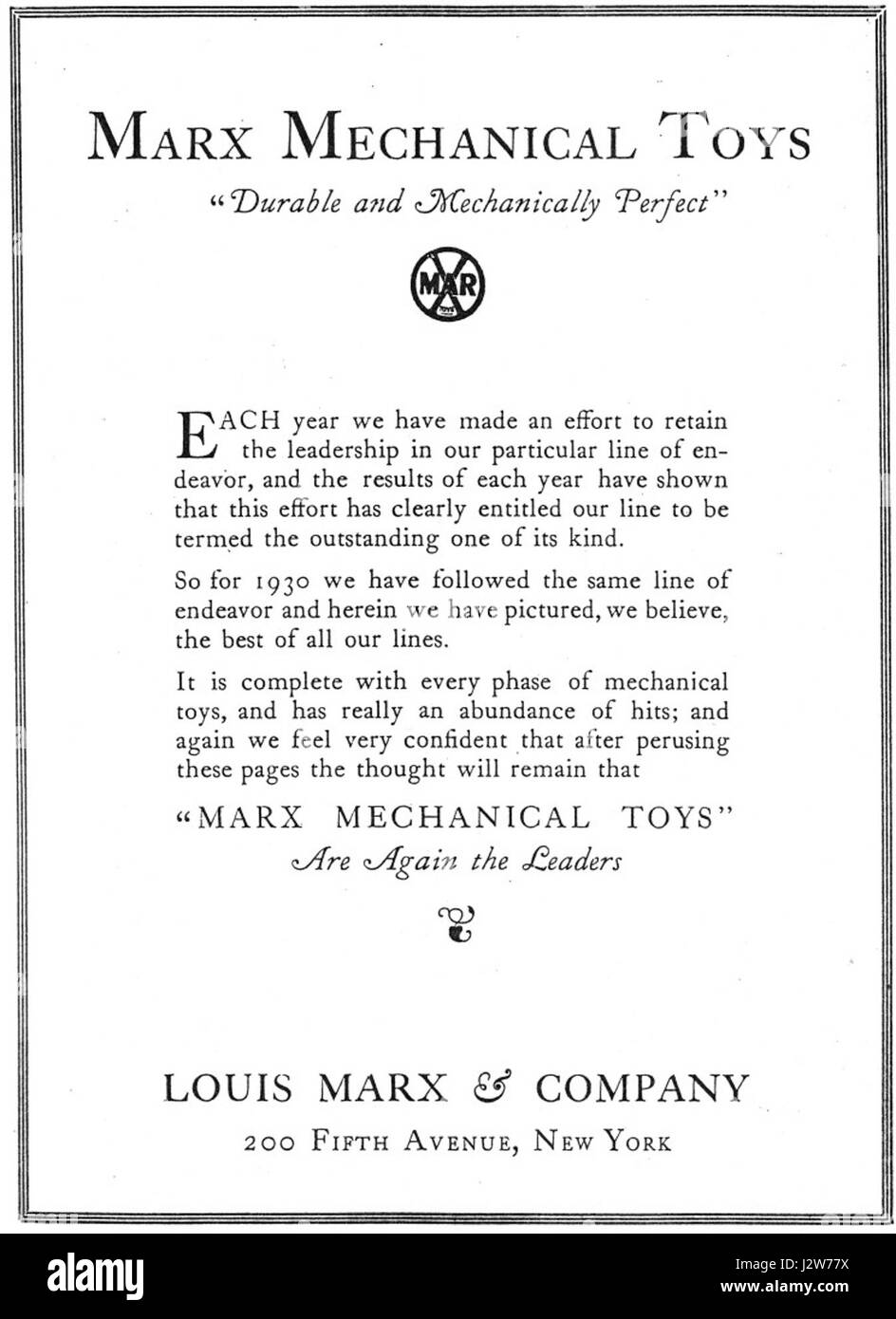 Il catalogo Marx Mechanical Toys del 1930 presenta vari giocattoli prodotti dalla Marx Toy Company, uno dei principali produttori di giocattoli dell'epoca. Questi giocattoli, compresi gli oggetti meccanici, erano popolari per i loro design e funzionalità innovativi. Foto Stock
