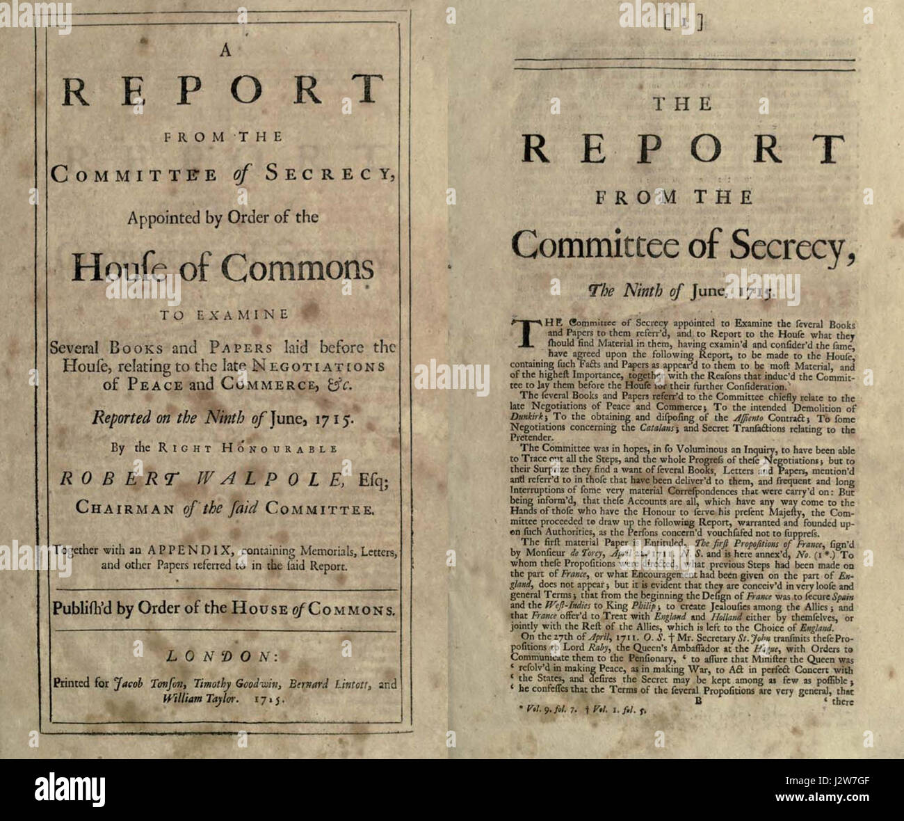 La relazione del 1715 del Comitato di segretezza contiene probabilmente informazioni politiche riservate o significative dell'inizio del XVIII secolo, che descrivono in dettaglio le questioni politiche in segreto durante quel periodo. Foto Stock